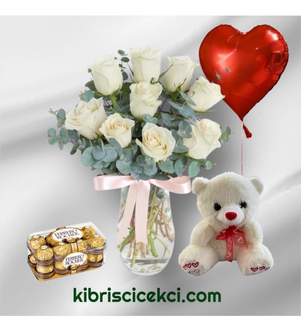 Vazoda 9 Beyaz Gül Ayıcık 16'lı Ferrero Çikolata Kalp Helyum Balon